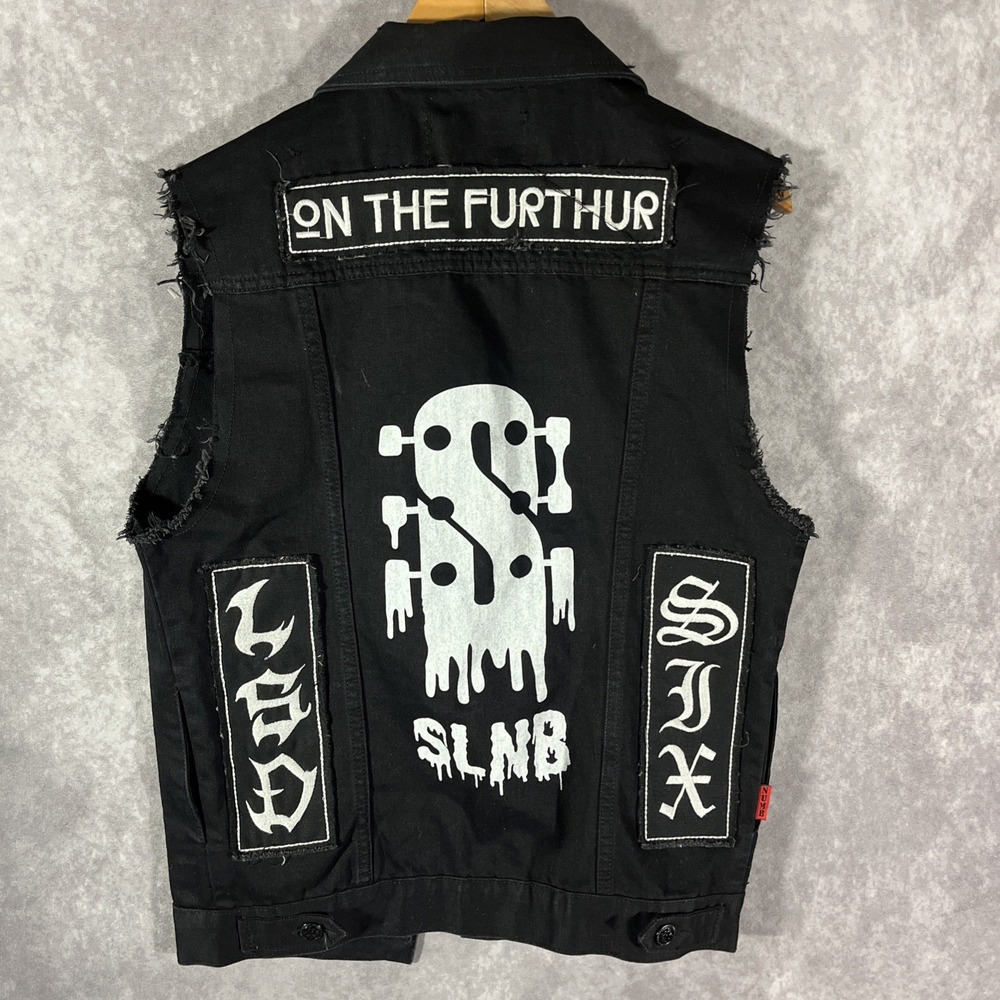 Slightly Numb Denim Vest Mens 03 Black Distressed Graphic Patch Rocker Grunge